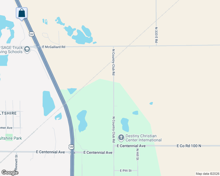 map of restaurants, bars, coffee shops, grocery stores, and more near 2405 North Country Club Road in Muncie