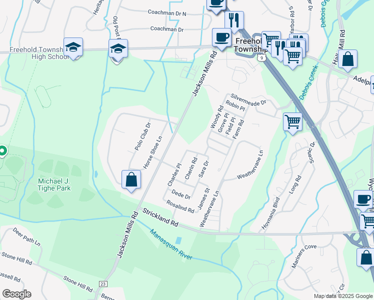 map of restaurants, bars, coffee shops, grocery stores, and more near 499 Harold Court in Freehold
