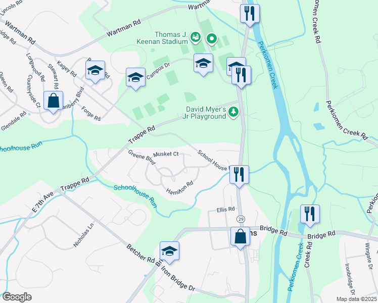 map of restaurants, bars, coffee shops, grocery stores, and more near 569 Musket Court in Collegeville
