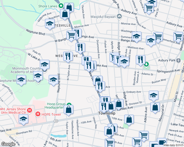 map of restaurants, bars, coffee shops, grocery stores, and more near 216 New Jersey 35 in Neptune City
