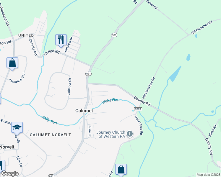 map of restaurants, bars, coffee shops, grocery stores, and more near 132 Calumet Mammoth Pa Road in Mount Pleasant