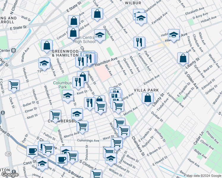 map of restaurants, bars, coffee shops, grocery stores, and more near 279 Commonwealth Avenue in Trenton