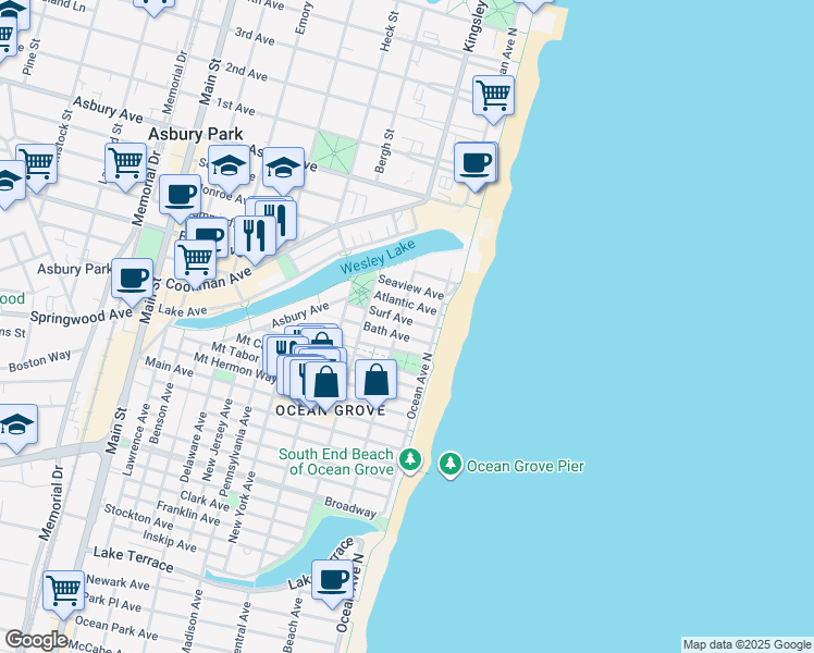 map of restaurants, bars, coffee shops, grocery stores, and more near 21 Surf Avenue in Neptune Township
