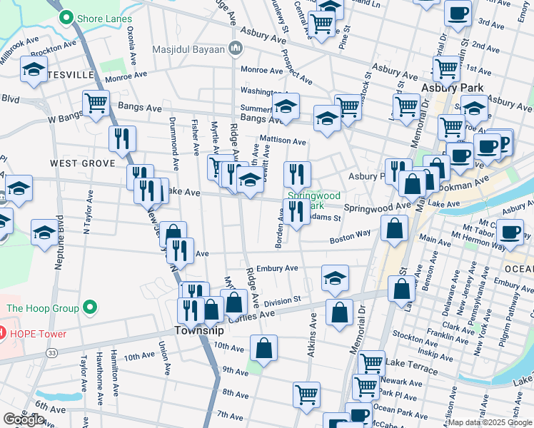 map of restaurants, bars, coffee shops, grocery stores, and more near 1404 Springwood Avenue in Asbury Park