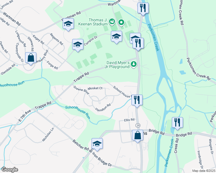 map of restaurants, bars, coffee shops, grocery stores, and more near 569 Musket Court in Collegeville