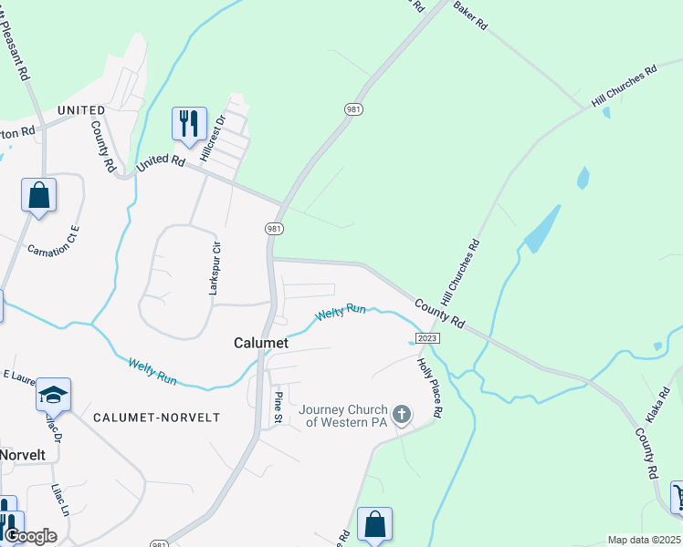 map of restaurants, bars, coffee shops, grocery stores, and more near 132 Calumet Mammoth Pa Road in Mount Pleasant