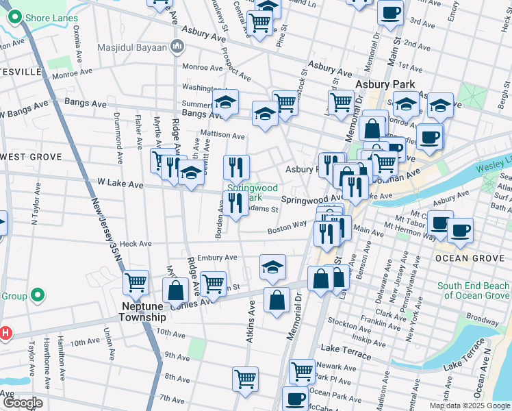 map of restaurants, bars, coffee shops, grocery stores, and more near in Asbury Park