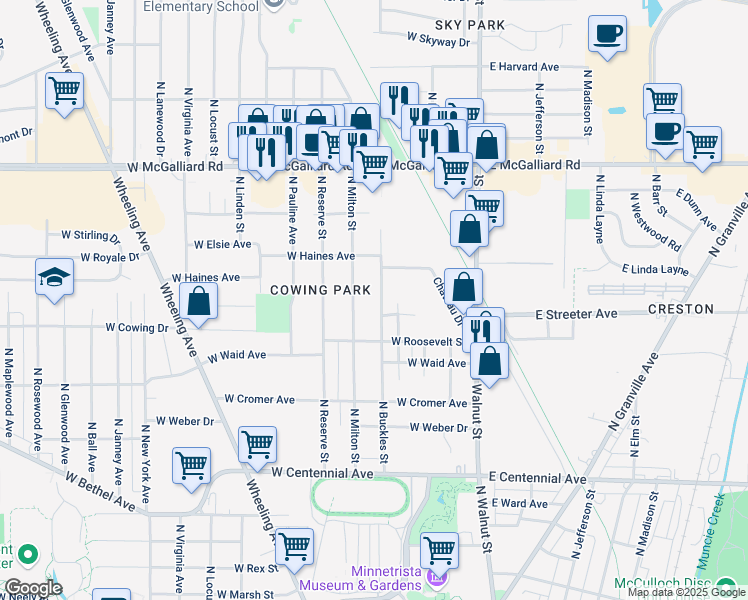 map of restaurants, bars, coffee shops, grocery stores, and more near 2608 N Milton St in Muncie