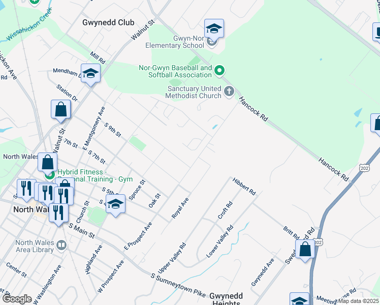 map of restaurants, bars, coffee shops, grocery stores, and more near 1095 Jfk Dr in North Wales