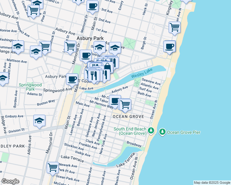 map of restaurants, bars, coffee shops, grocery stores, and more near 88 Lake Avenue in Neptune Township
