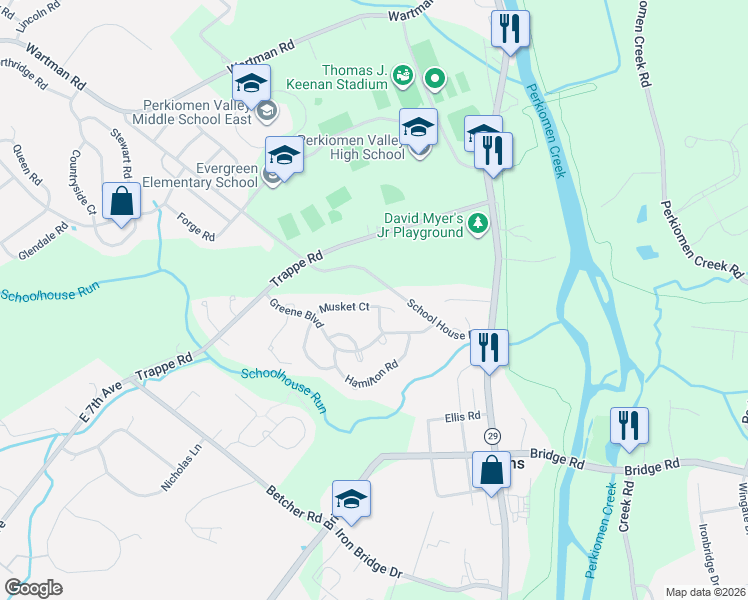 map of restaurants, bars, coffee shops, grocery stores, and more near 547 Musket Court in Collegeville