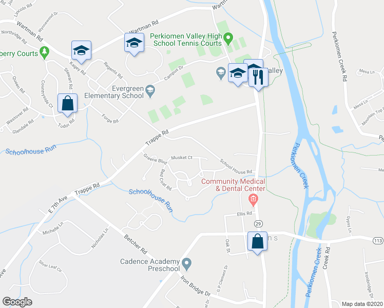 map of restaurants, bars, coffee shops, grocery stores, and more near 547 Musket Court in Collegeville