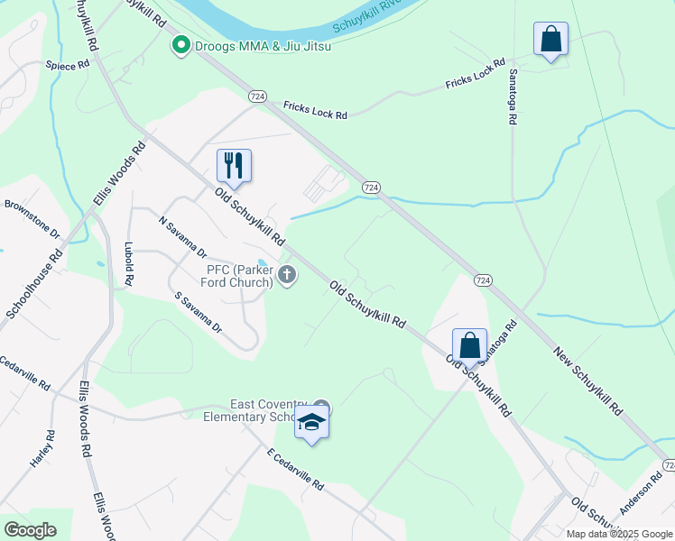 map of restaurants, bars, coffee shops, grocery stores, and more near 687 Old Schuylkill Road in Pottstown