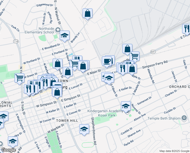 map of restaurants, bars, coffee shops, grocery stores, and more near 402 East Main Street in Mechanicsburg
