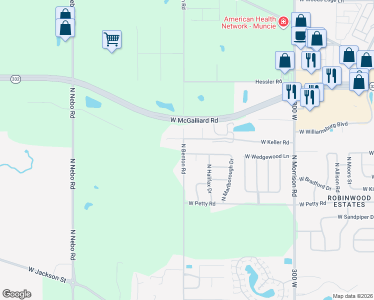 map of restaurants, bars, coffee shops, grocery stores, and more near 5611 West Keller Road in Muncie