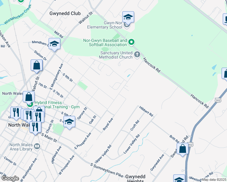 map of restaurants, bars, coffee shops, grocery stores, and more near 1095 Jfk Dr in North Wales