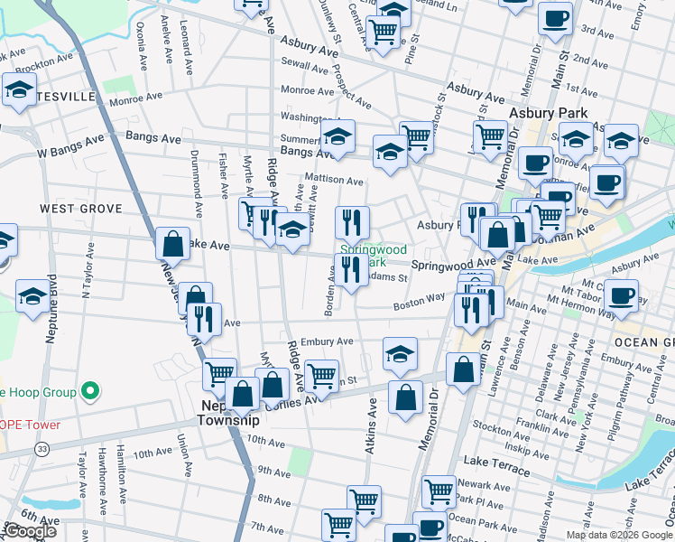 map of restaurants, bars, coffee shops, grocery stores, and more near 3 Borden Avenue in Asbury Park