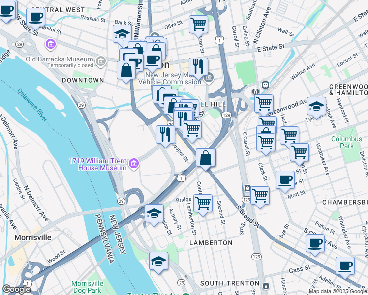 map of restaurants, bars, coffee shops, grocery stores, and more near 343 South Broad Street in Trenton