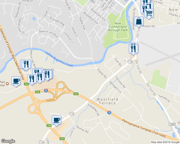 map of restaurants, bars, coffee shops, grocery stores, and more near 401 Limekiln Road in New Cumberland