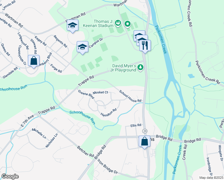 map of restaurants, bars, coffee shops, grocery stores, and more near 561 Musket Court in Collegeville