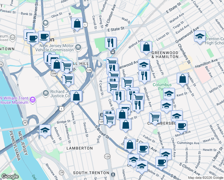 map of restaurants, bars, coffee shops, grocery stores, and more near 403 South Clinton Avenue in Trenton