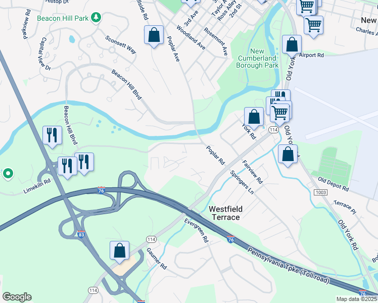 map of restaurants, bars, coffee shops, grocery stores, and more near 315 Limekiln Road in New Cumberland