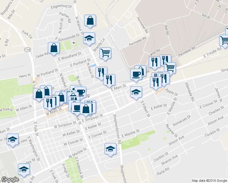 map of restaurants, bars, coffee shops, grocery stores, and more near 308 East Main Street in Mechanicsburg