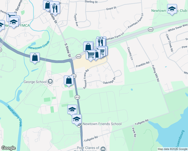 map of restaurants, bars, coffee shops, grocery stores, and more near 126 Granite Hill Court in Langhorne