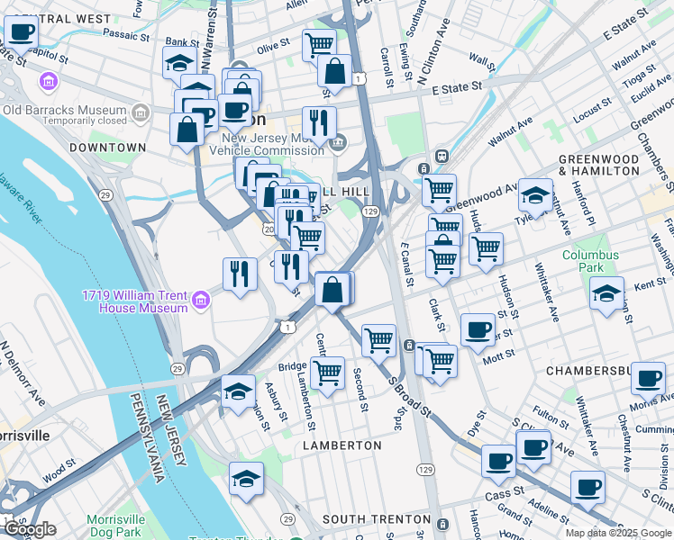 map of restaurants, bars, coffee shops, grocery stores, and more near 301 Jackson Street in Trenton