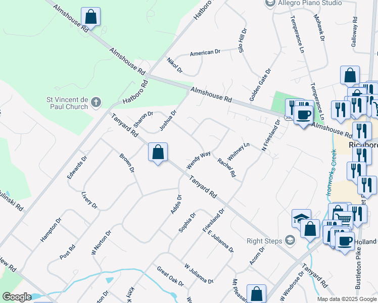 map of restaurants, bars, coffee shops, grocery stores, and more near 12 Inverness Court in Richboro