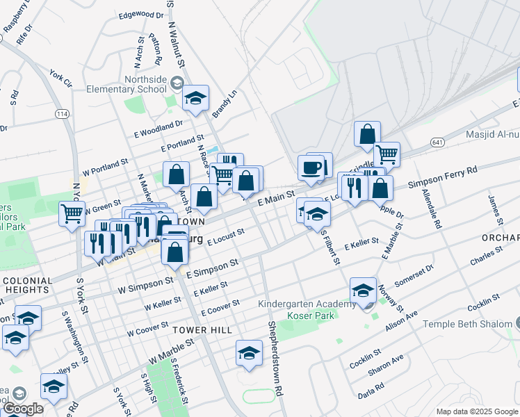 map of restaurants, bars, coffee shops, grocery stores, and more near 307 Pennsylvania 641 in Mechanicsburg