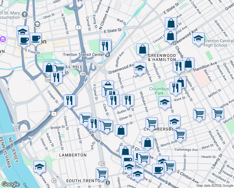 map of restaurants, bars, coffee shops, grocery stores, and more near 230 Hamilton Avenue in Trenton