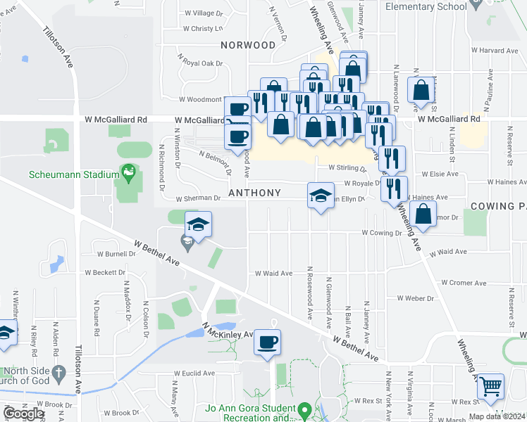map of restaurants, bars, coffee shops, grocery stores, and more near 2601 North Hollywood Avenue in Muncie