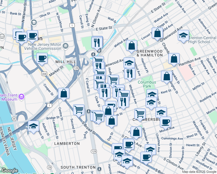 map of restaurants, bars, coffee shops, grocery stores, and more near 232 Hamilton Avenue in Trenton