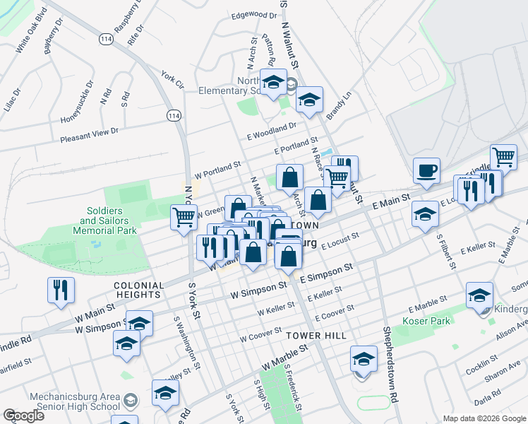 map of restaurants, bars, coffee shops, grocery stores, and more near 114 North Market Street in Mechanicsburg