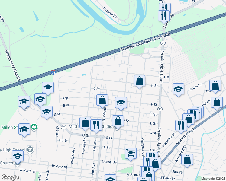 map of restaurants, bars, coffee shops, grocery stores, and more near G Street in Carlisle