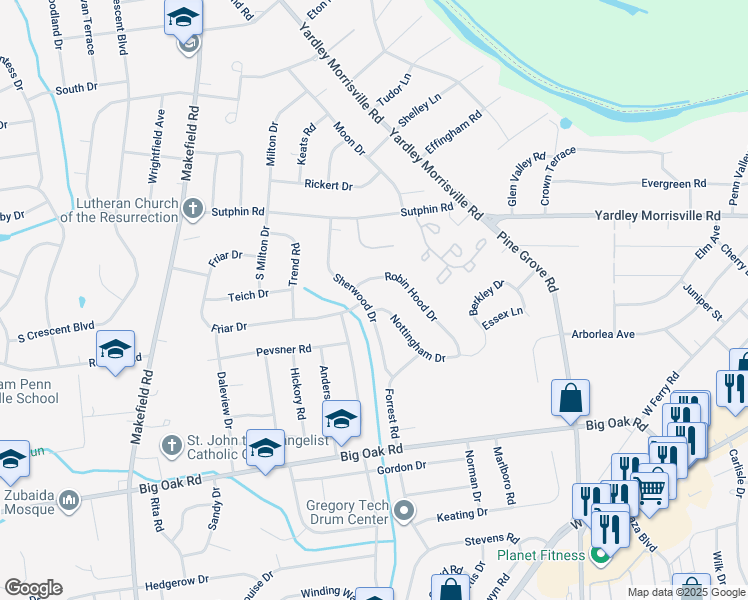 map of restaurants, bars, coffee shops, grocery stores, and more near 590 Nottingham Drive in Yardley