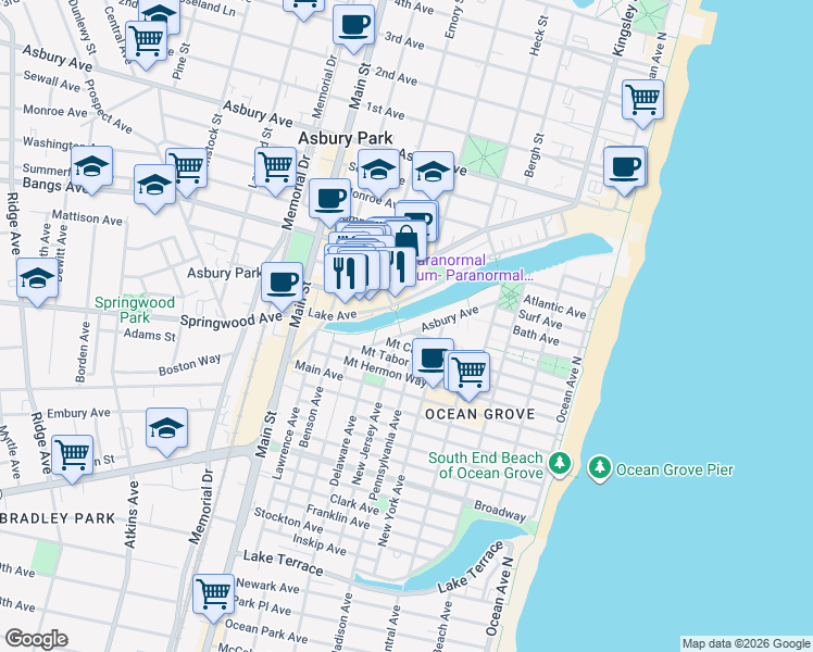 map of restaurants, bars, coffee shops, grocery stores, and more near 605 Lake Avenue in Asbury Park