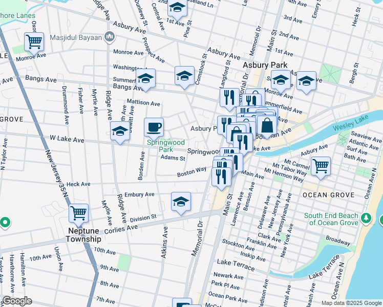 map of restaurants, bars, coffee shops, grocery stores, and more near 1001 Springwood Avenue in Asbury Park
