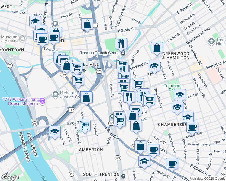 map of restaurants, bars, coffee shops, grocery stores, and more near 11 Tyler Street in Trenton