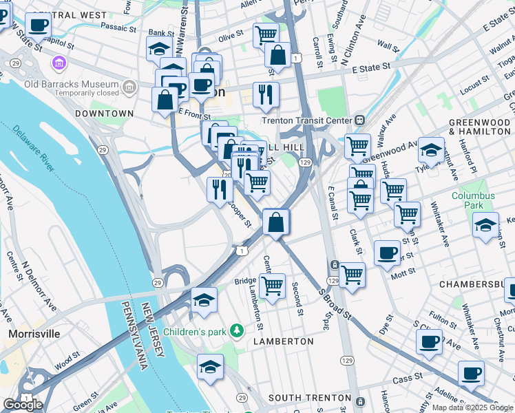 map of restaurants, bars, coffee shops, grocery stores, and more near 56 Conovers Alley in Trenton