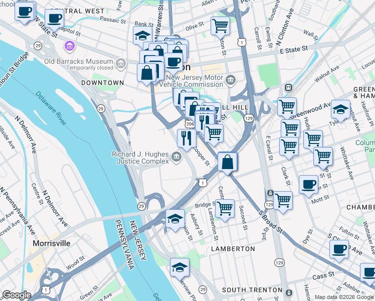 map of restaurants, bars, coffee shops, grocery stores, and more near 1 Cooper Street in Trenton