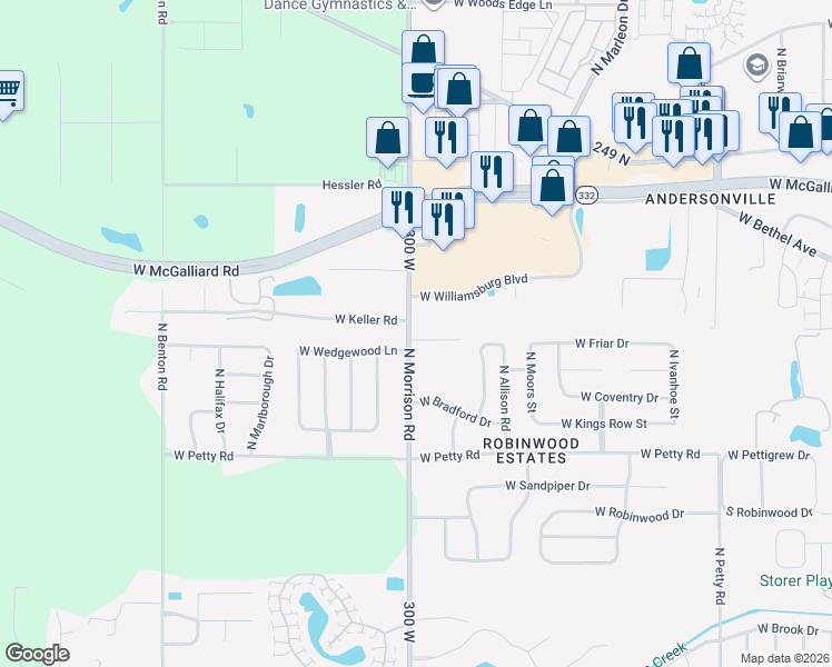 map of restaurants, bars, coffee shops, grocery stores, and more near 4901-4905 West Keller Road in Muncie