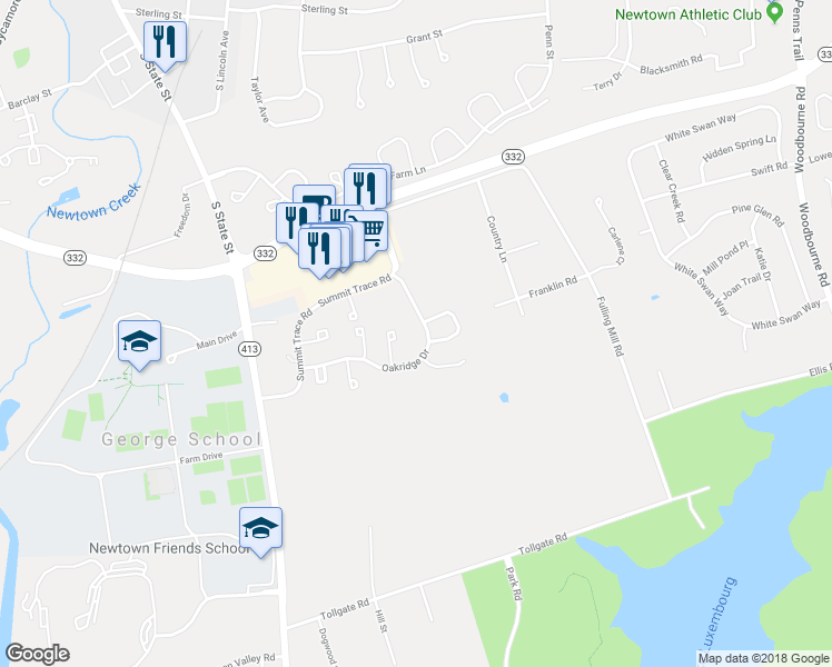 map of restaurants, bars, coffee shops, grocery stores, and more near 74 Oakridge Drive in Langhorne