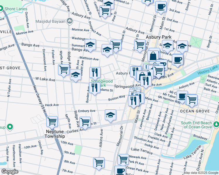 map of restaurants, bars, coffee shops, grocery stores, and more near 1116 Springwood Avenue in Asbury Park