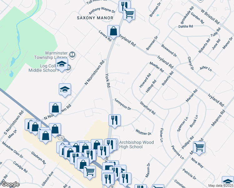 map of restaurants, bars, coffee shops, grocery stores, and more near 885 York Road in Warminster