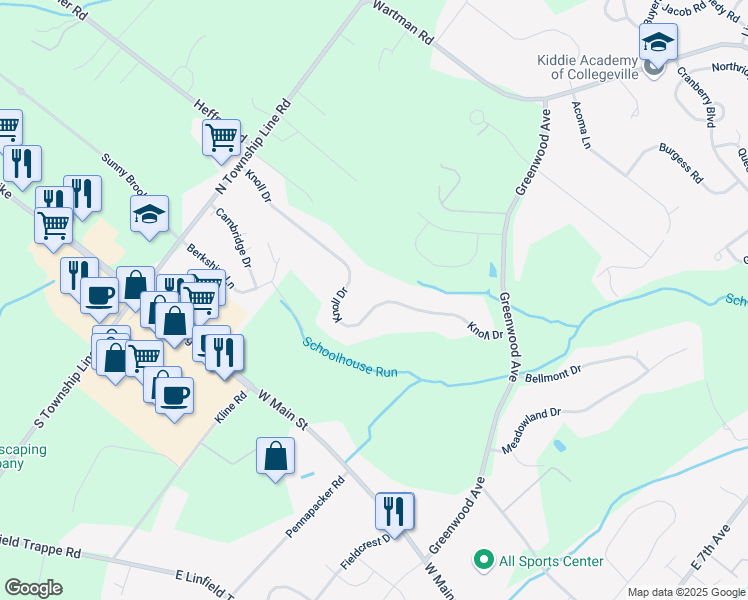 map of restaurants, bars, coffee shops, grocery stores, and more near 146 Knoll Drive in Collegeville