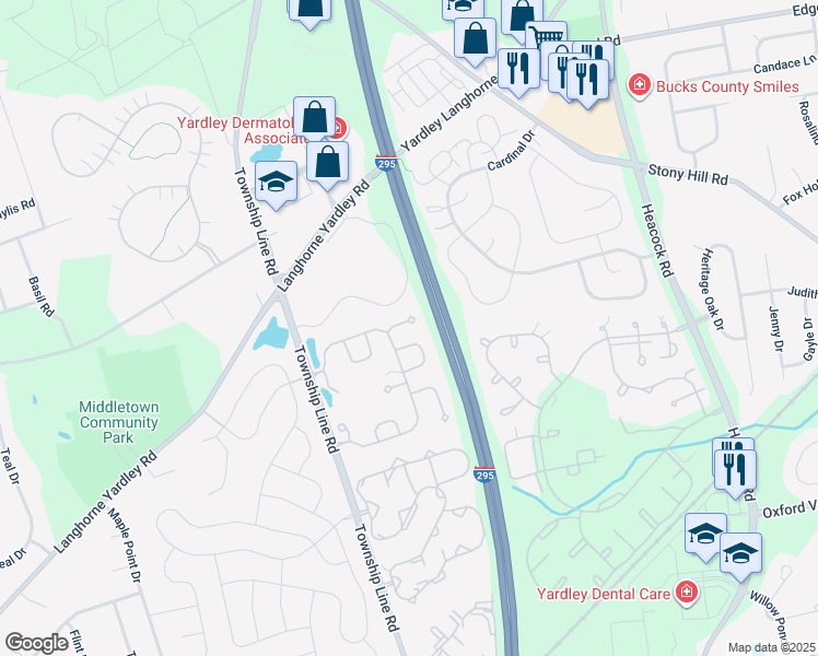 map of restaurants, bars, coffee shops, grocery stores, and more near 1933 Berrel Court in Yardley