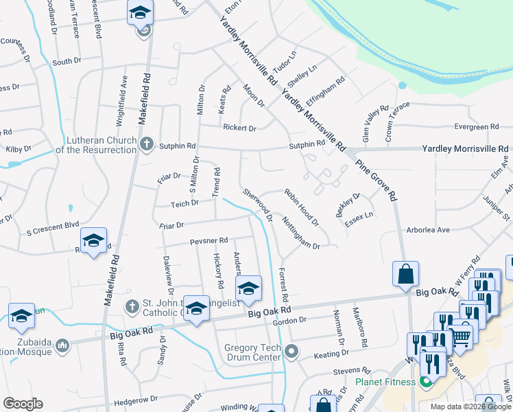 map of restaurants, bars, coffee shops, grocery stores, and more near 395 Robin Hood Drive in Yardley