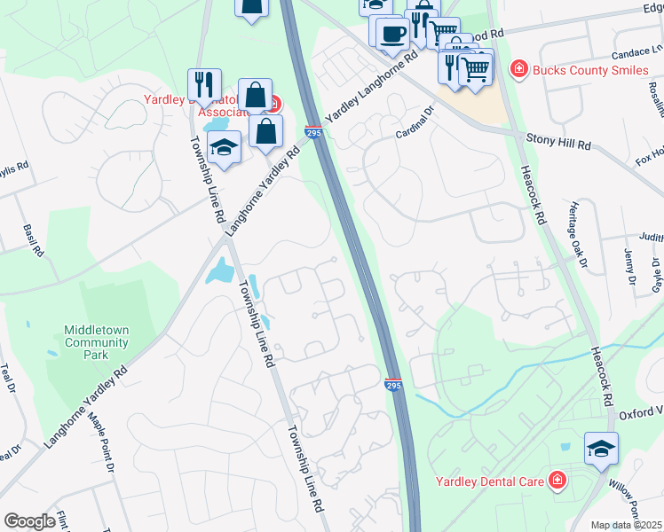 map of restaurants, bars, coffee shops, grocery stores, and more near 1933 Berrel Court in Yardley